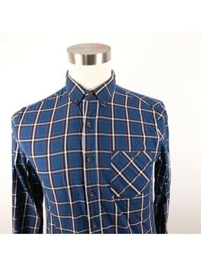 Denim & Flower Mens Slim Fit LS Button Up Red White Navy Plaid Shirt S